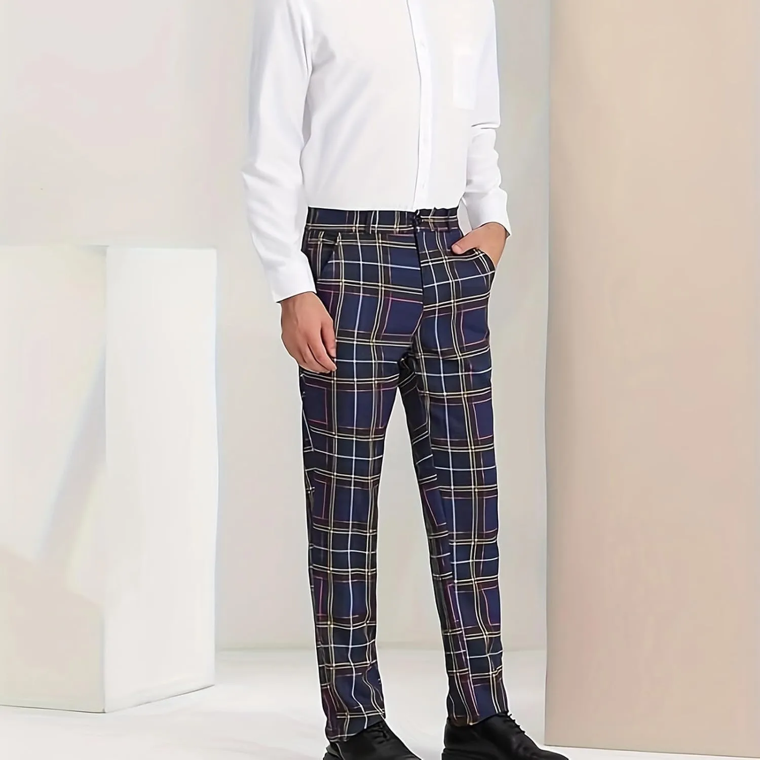 Men Plaid Dress Pants Slim Fit Flat Front Elastic Waistband Suit Trouser Wrinkle Free Chino Pants for Office Business