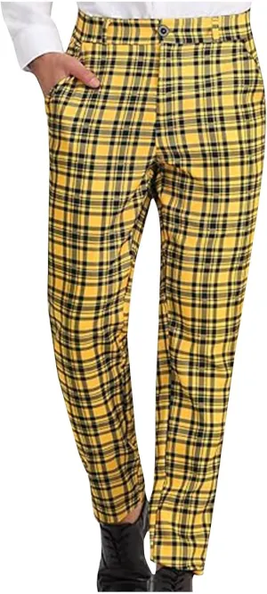 Men Plaid Dress Pants Slim Fit Flat Front Elastic Waistband Suit Trouser Wrinkle Free Chino Pants for Office Business