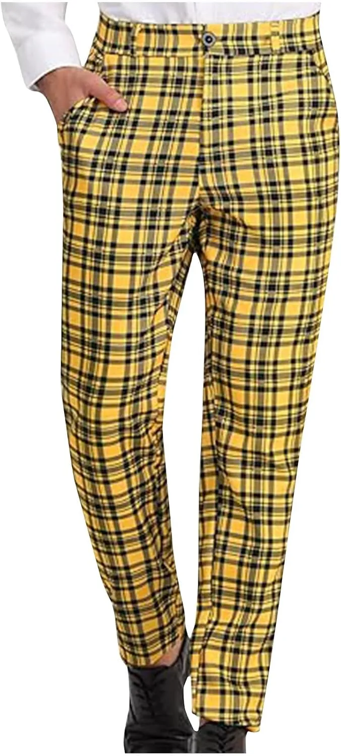 Men Plaid Dress Pants Slim Fit Flat Front Elastic Waistband Suit Trouser Wrinkle Free Chino Pants for Office Business