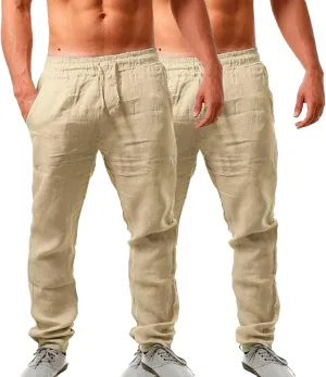 Mens 2 Pack Linen Pants Straight Leg Beach Pants Lightweight Casual Plain Drawstring Slacks Outdoor Vacation Trousers