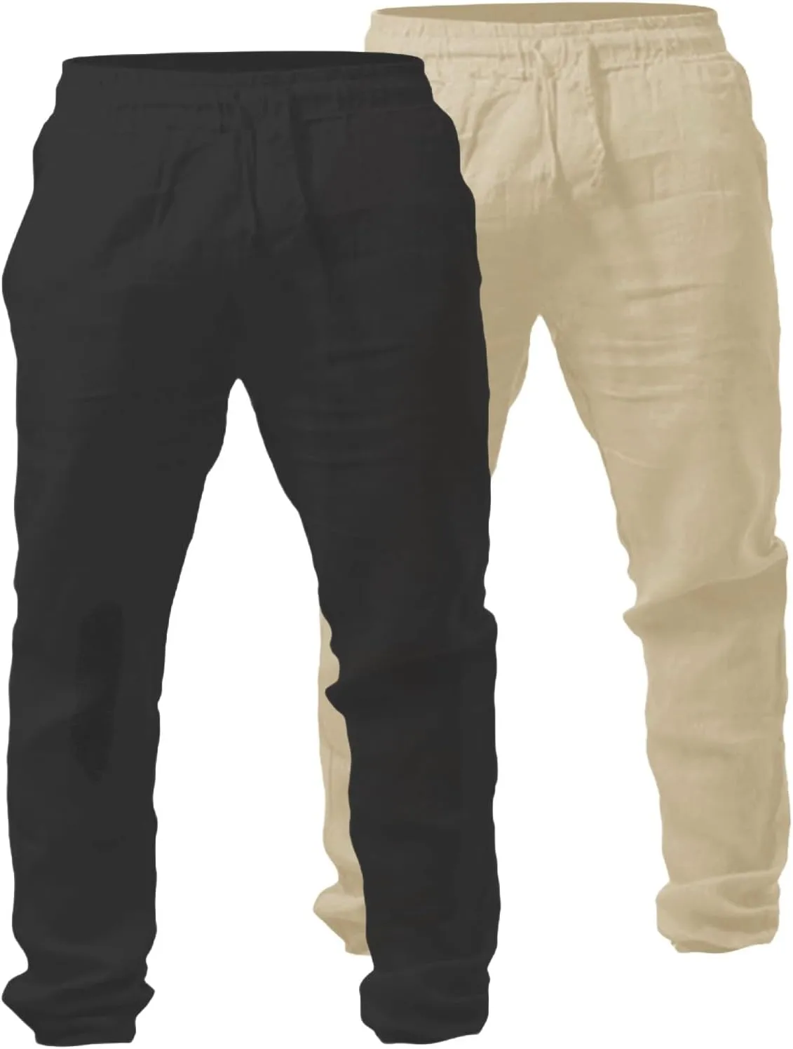 Mens 2 Pack Linen Pants Straight Leg Beach Pants Lightweight Casual Plain Drawstring Slacks Outdoor Vacation Trousers