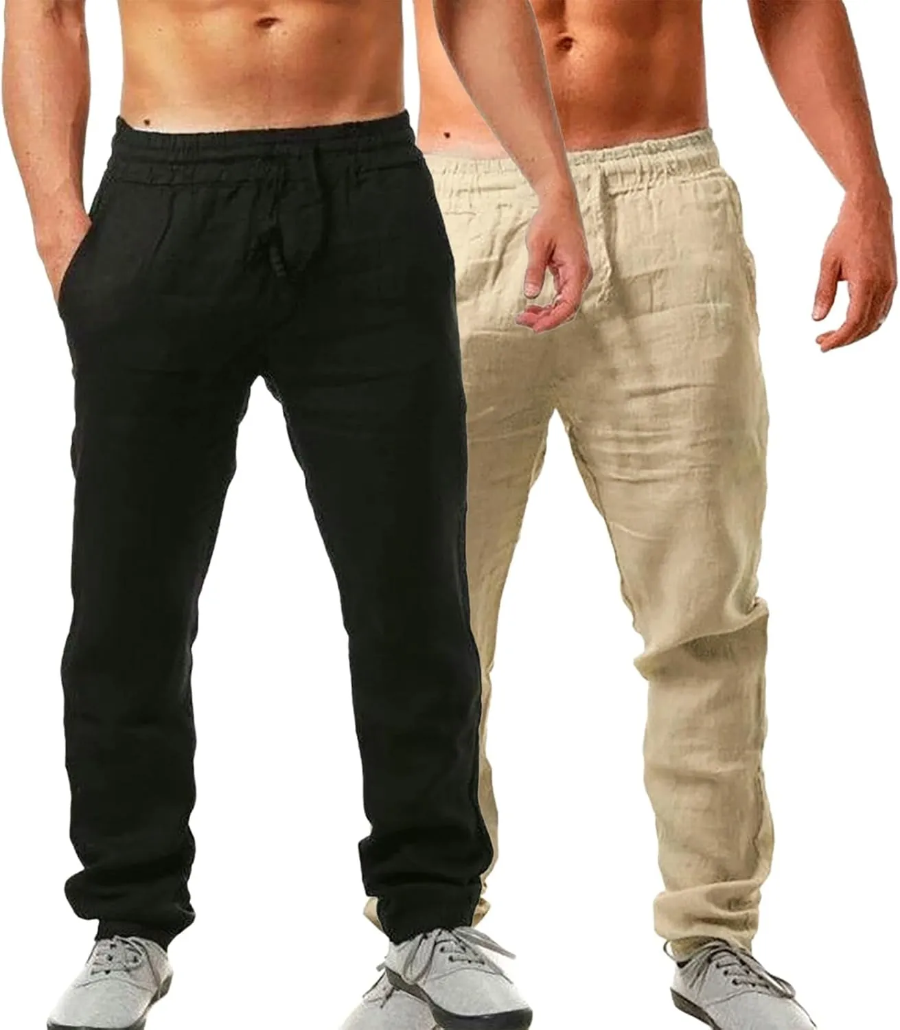 Mens 2 Pack Linen Pants Straight Leg Beach Pants Lightweight Casual Plain Drawstring Slacks Outdoor Vacation Trousers