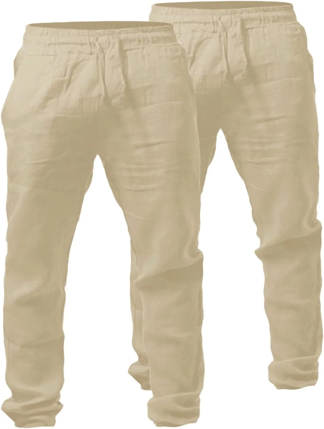 Mens 2 Pack Linen Pants Straight Leg Beach Pants Lightweight Casual Plain Drawstring Slacks Outdoor Vacation Trousers