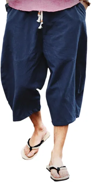 Mens Casual Baggy Cotton Linen Pocket Lounge Harem Pants Beach Long Shorts