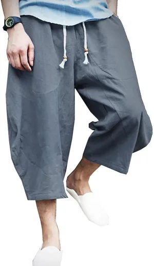 Mens Casual Baggy Cotton Linen Pocket Lounge Harem Pants Beach Long Shorts