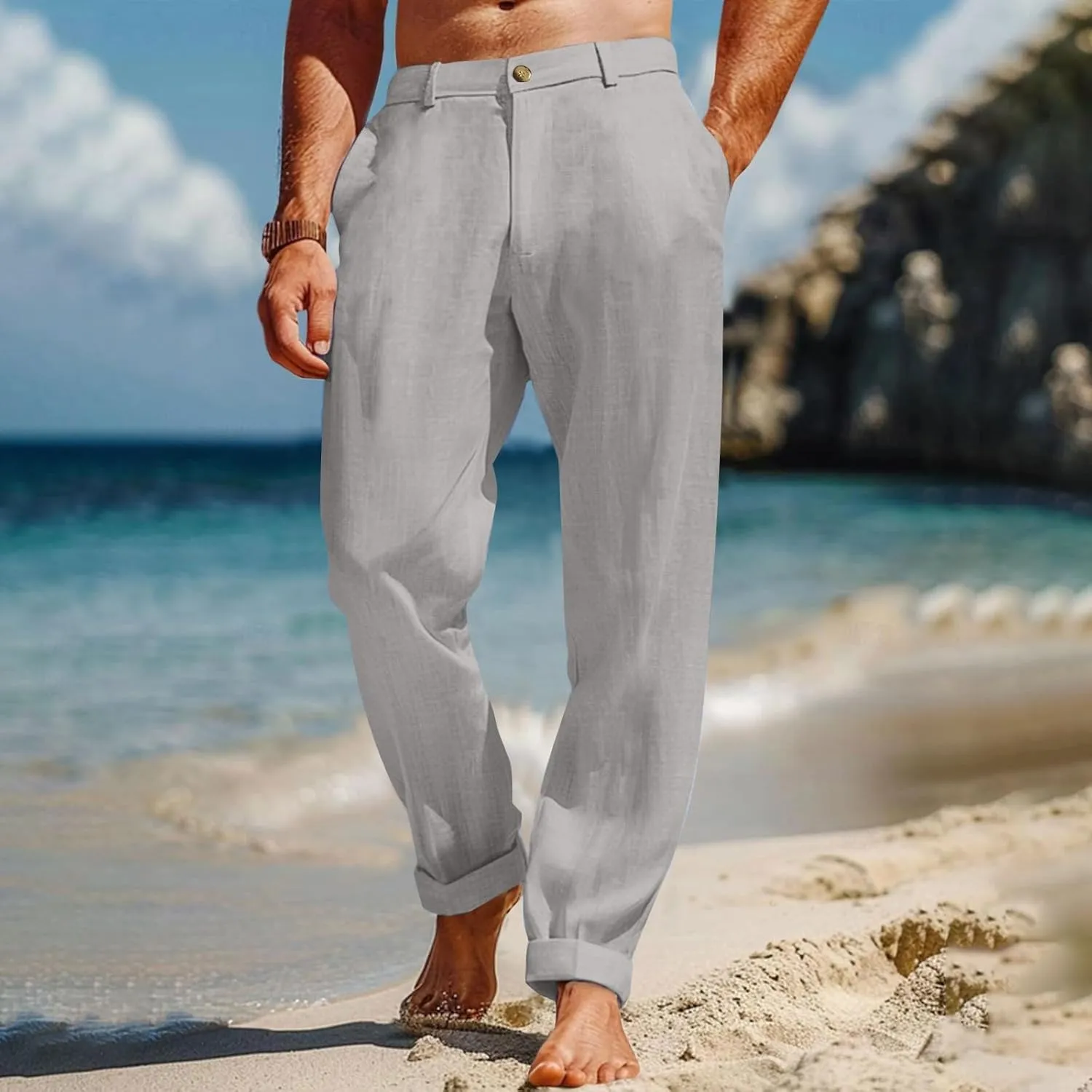 Mens Casual Pants Plain Beach Vacation Pants Elastic Waist Lightweight Loose Fit Pleated Slacks Summer Yoga Trousers