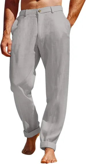 Mens Casual Pants Plain Beach Vacation Pants Elastic Waist Lightweight Loose Fit Pleated Slacks Summer Yoga Trousers