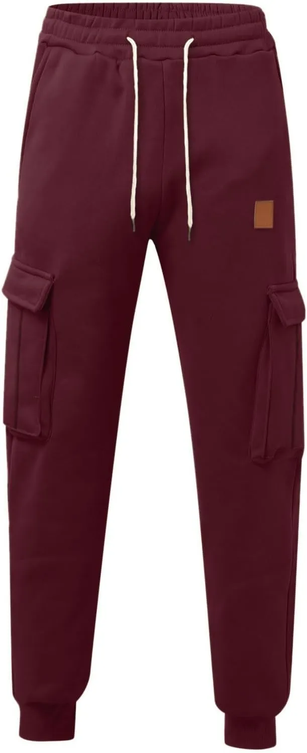 Mens Casual Waist Color Sports Hat Woven Pocket Solid Color Pocket Leather Label Thin Fleece Thrill Sweatpants
