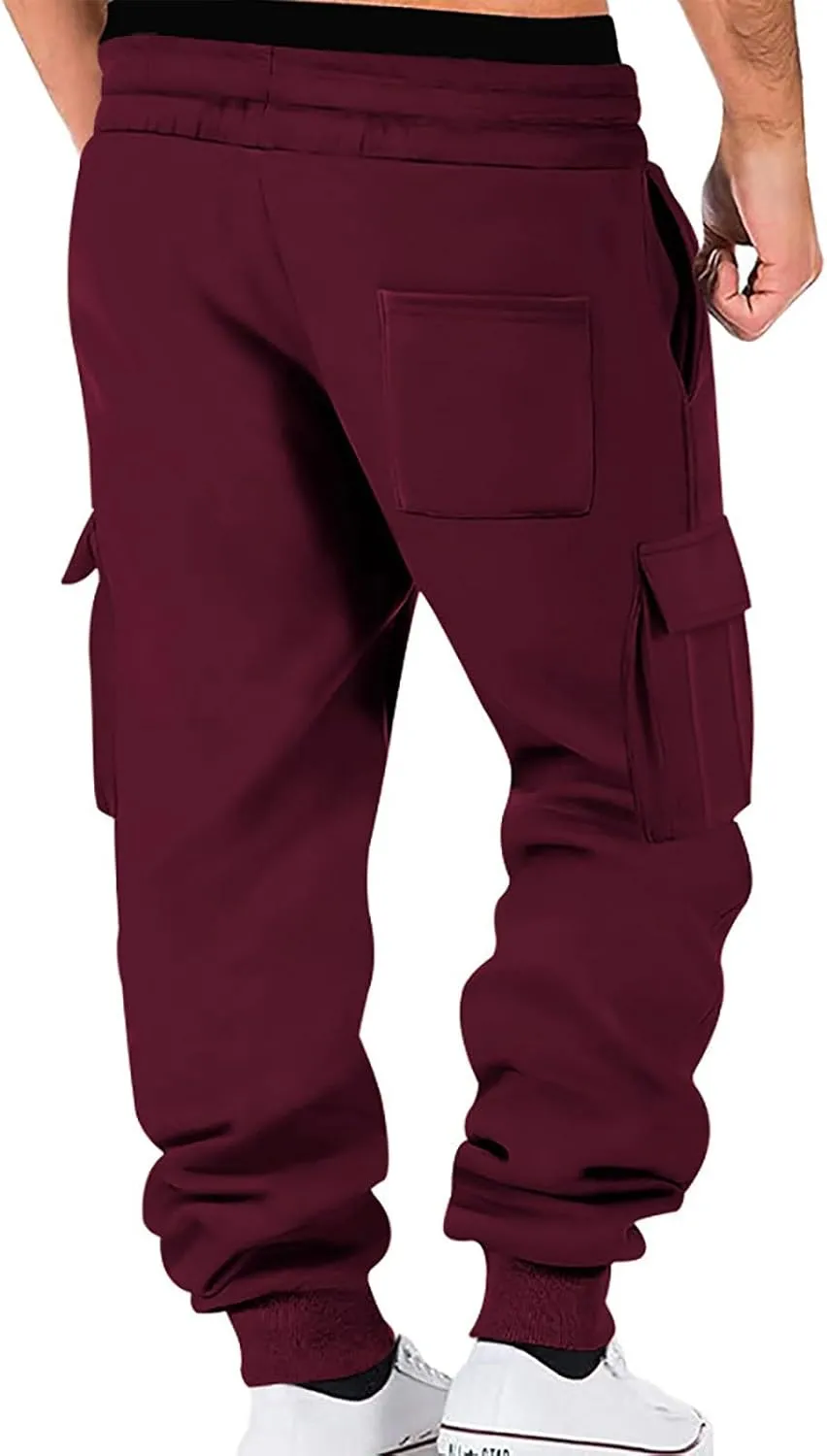 Mens Casual Waist Color Sports Hat Woven Pocket Solid Color Pocket Leather Label Thin Fleece Thrill Sweatpants