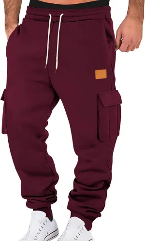 Mens Casual Waist Color Sports Hat Woven Pocket Solid Color Pocket Leather Label Thin Fleece Thrill Sweatpants