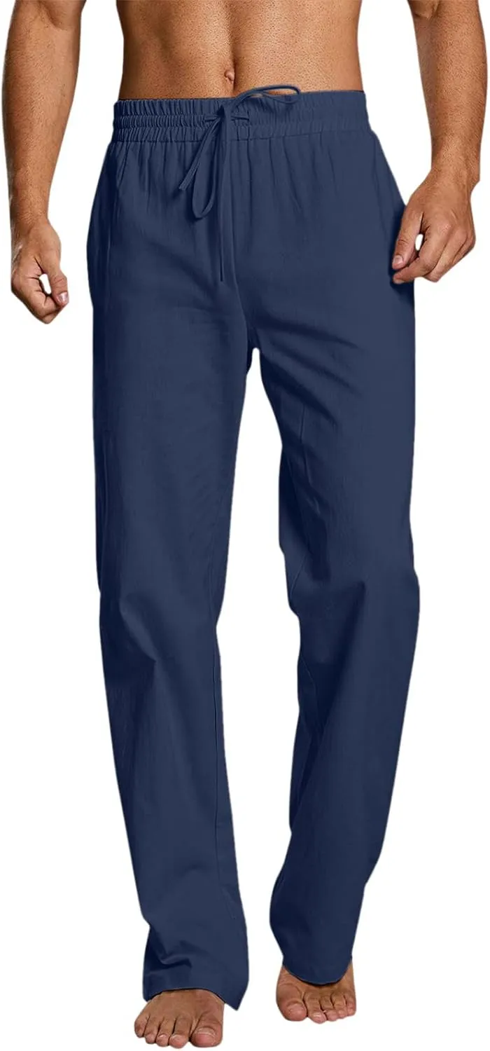 Men's Drawstring Linen Pants Casual Elastic Waist Summer Trousers Slim Fit Comfy Holiday Yoga Pants with Pockets 2025