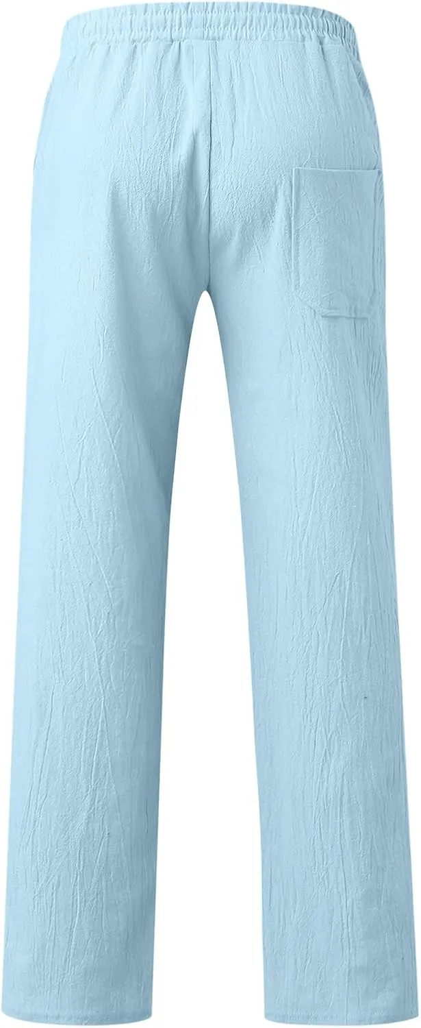 Men's Drawstring Linen Pants Casual Elastic Waist Summer Trousers Slim Fit Comfy Holiday Yoga Pants with Pockets 2025