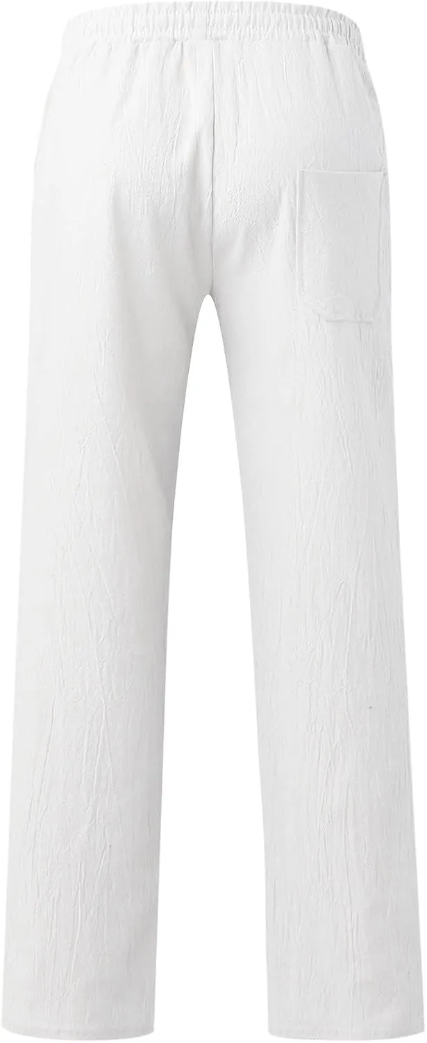 Men's Drawstring Linen Pants Casual Elastic Waist Summer Trousers Slim Fit Comfy Holiday Yoga Pants with Pockets 2025