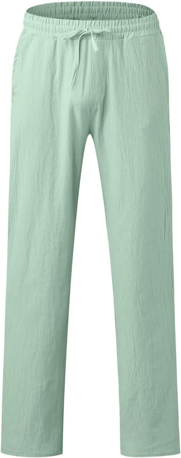 Men's Drawstring Linen Pants Casual Elastic Waist Summer Trousers Slim Fit Comfy Holiday Yoga Pants with Pockets 2025