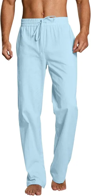 Men's Drawstring Linen Pants Casual Elastic Waist Summer Trousers Slim Fit Comfy Holiday Yoga Pants with Pockets 2025