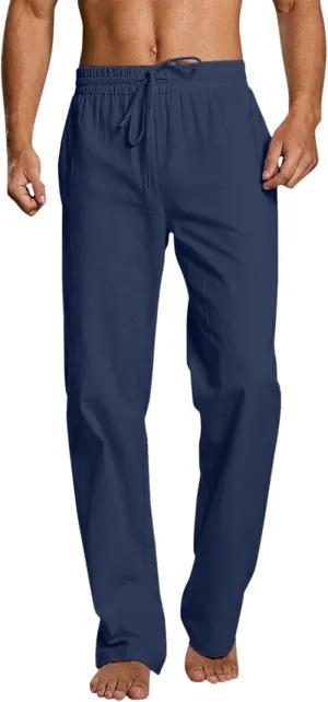 Men's Drawstring Linen Pants Casual Elastic Waist Summer Trousers Slim Fit Comfy Holiday Yoga Pants with Pockets 2025
