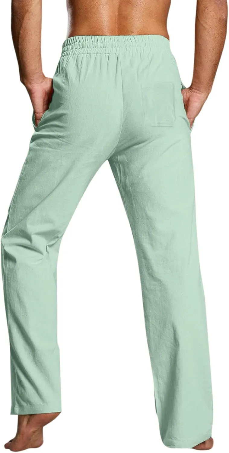 Men's Drawstring Linen Pants Casual Elastic Waist Summer Trousers Slim Fit Comfy Holiday Yoga Pants with Pockets 2025