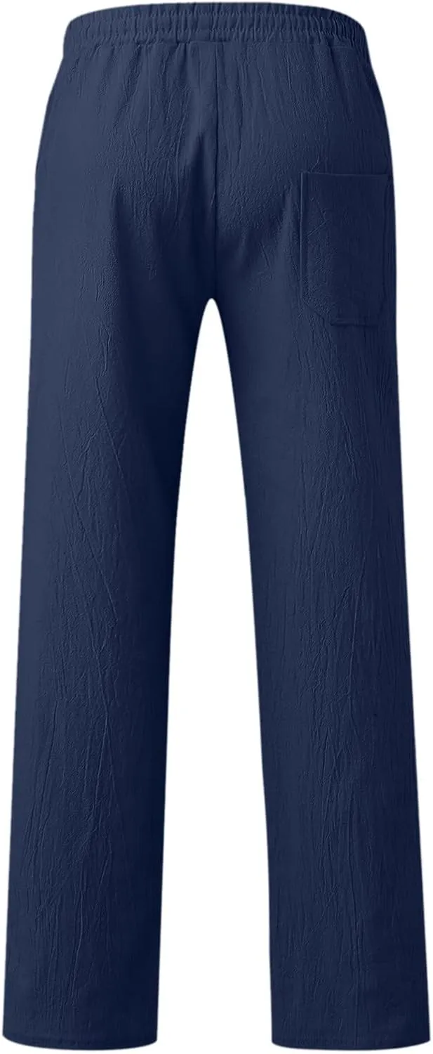 Men's Drawstring Linen Pants Casual Elastic Waist Summer Trousers Slim Fit Comfy Holiday Yoga Pants with Pockets 2025