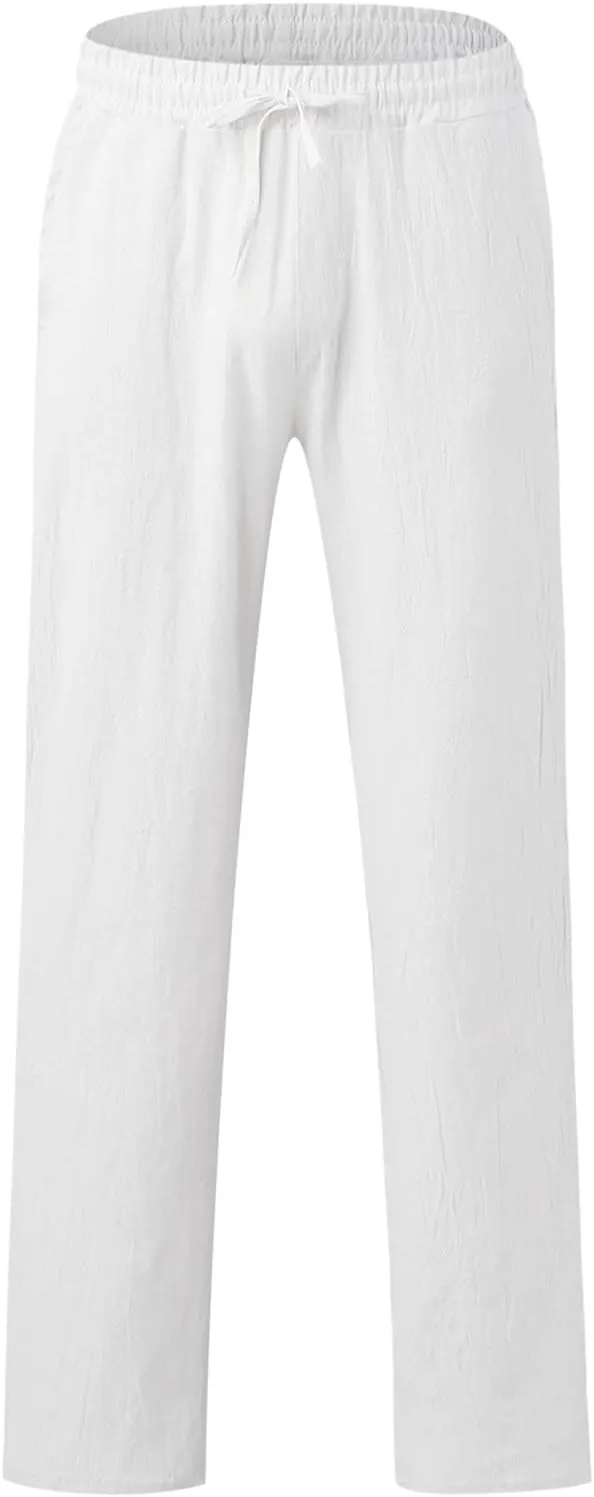 Men's Drawstring Linen Pants Casual Elastic Waist Summer Trousers Slim Fit Comfy Holiday Yoga Pants with Pockets 2025