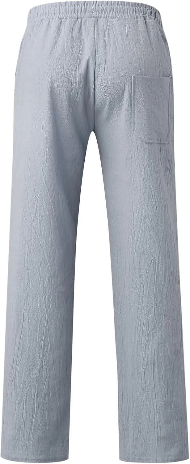 Men's Drawstring Linen Pants Casual Elastic Waist Summer Trousers Slim Fit Comfy Holiday Yoga Pants with Pockets 2025