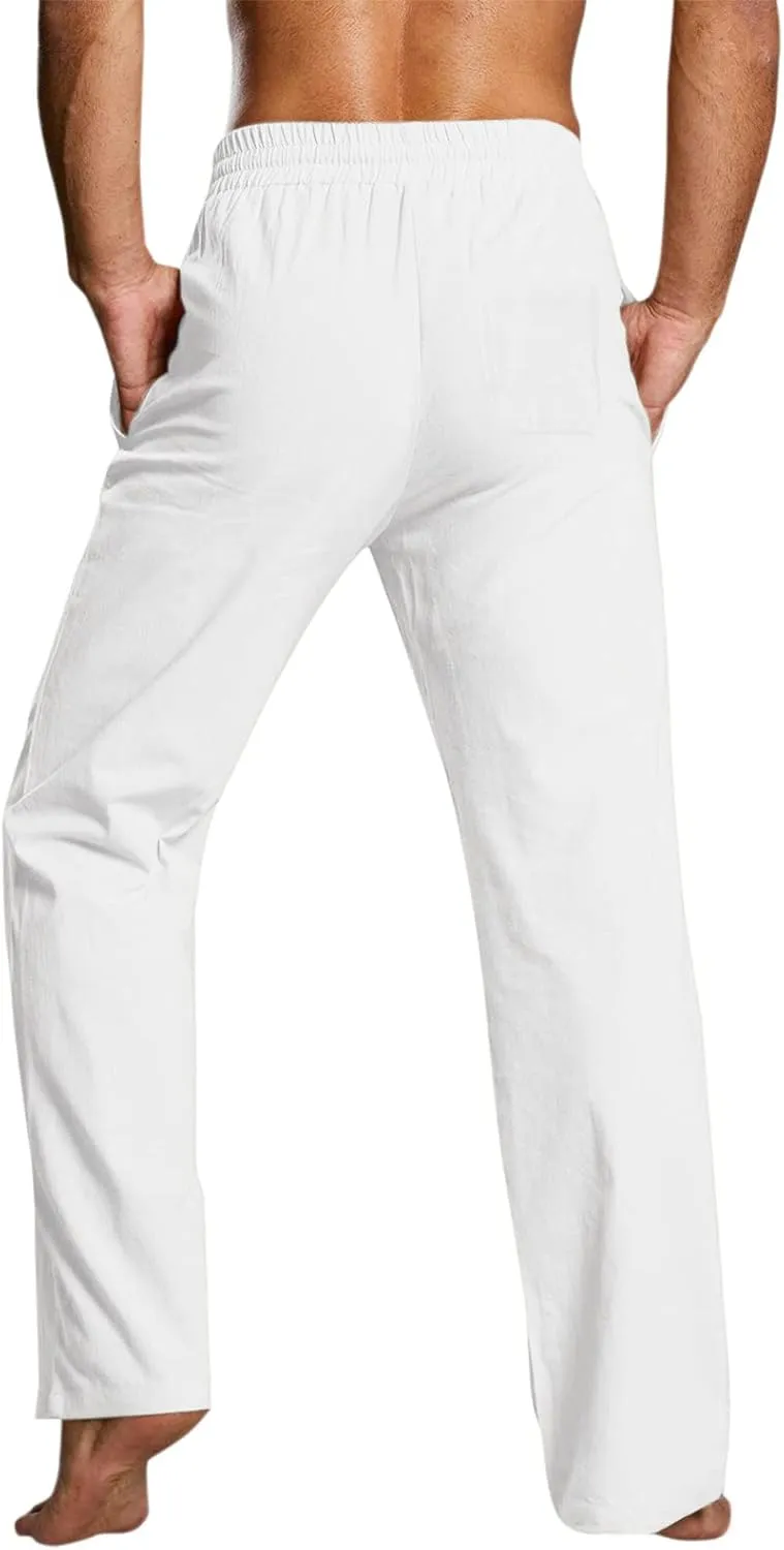 Men's Drawstring Linen Pants Casual Elastic Waist Summer Trousers Slim Fit Comfy Holiday Yoga Pants with Pockets 2025