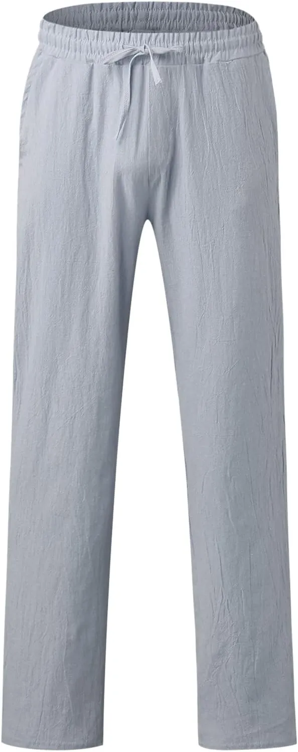 Men's Drawstring Linen Pants Casual Elastic Waist Summer Trousers Slim Fit Comfy Holiday Yoga Pants with Pockets 2025