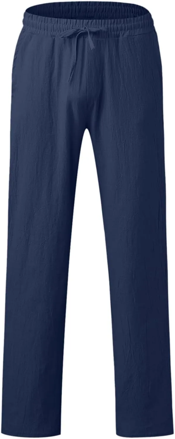 Men's Drawstring Linen Pants Casual Elastic Waist Summer Trousers Slim Fit Comfy Holiday Yoga Pants with Pockets 2025