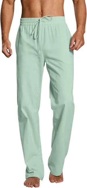 Men's Drawstring Linen Pants Casual Elastic Waist Summer Trousers Slim Fit Comfy Holiday Yoga Pants with Pockets 2025