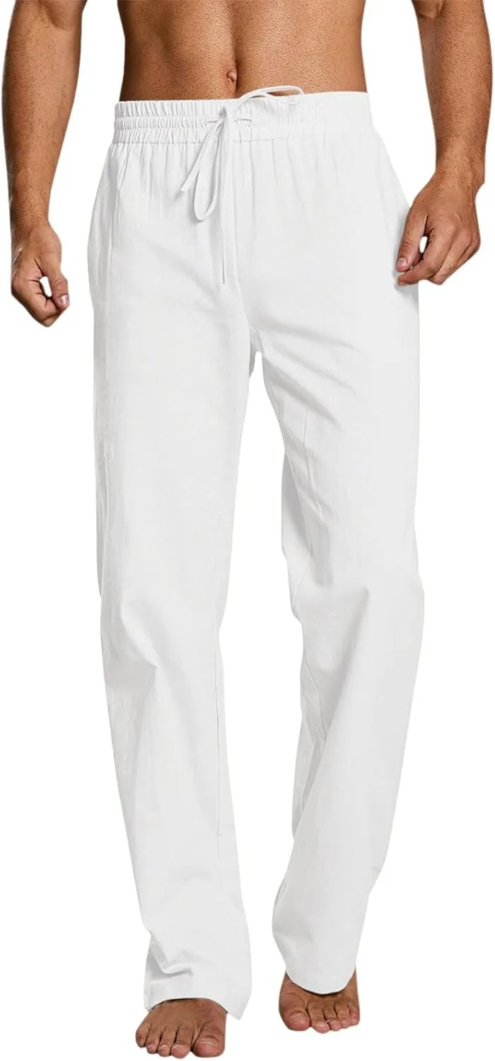 Men's Drawstring Linen Pants Casual Elastic Waist Summer Trousers Slim Fit Comfy Holiday Yoga Pants with Pockets 2025