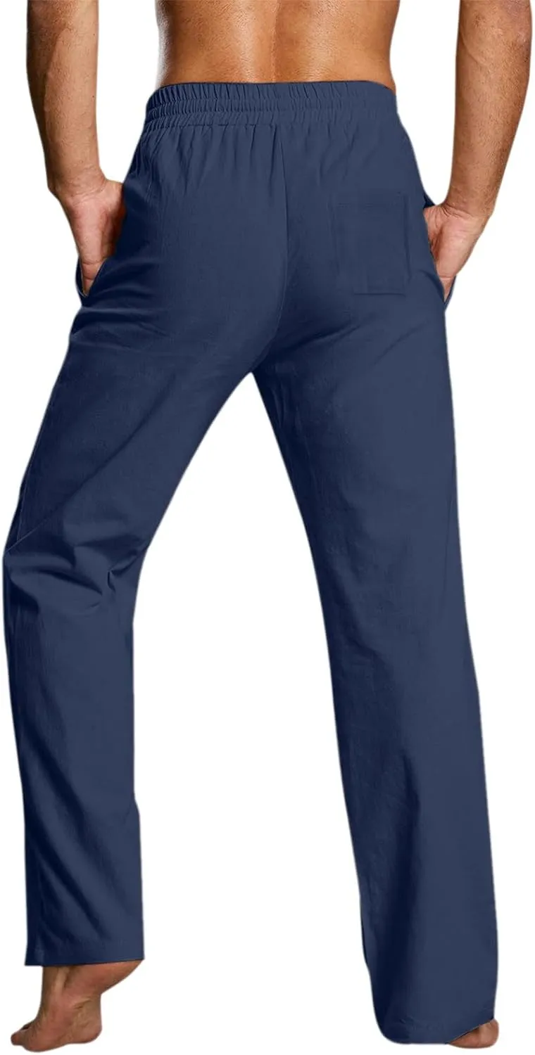 Men's Drawstring Linen Pants Casual Elastic Waist Summer Trousers Slim Fit Comfy Holiday Yoga Pants with Pockets 2025