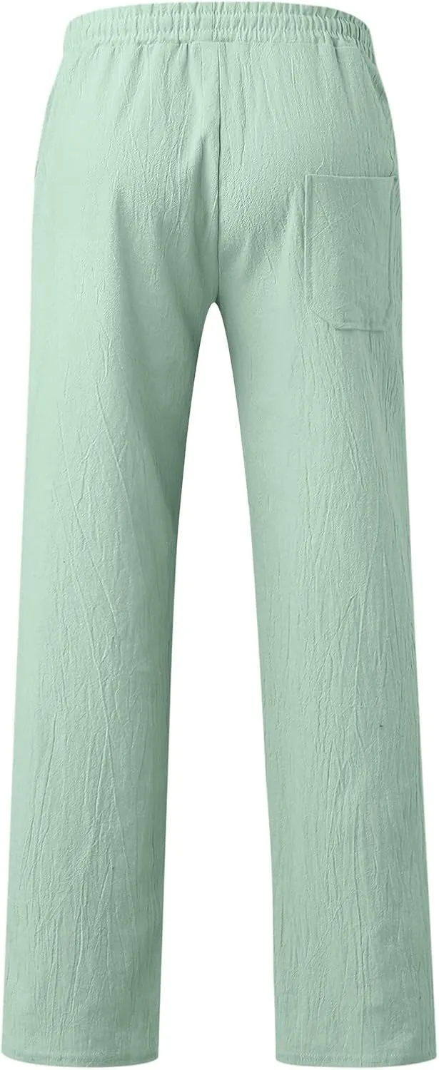 Men's Drawstring Linen Pants Casual Elastic Waist Summer Trousers Slim Fit Comfy Holiday Yoga Pants with Pockets 2025