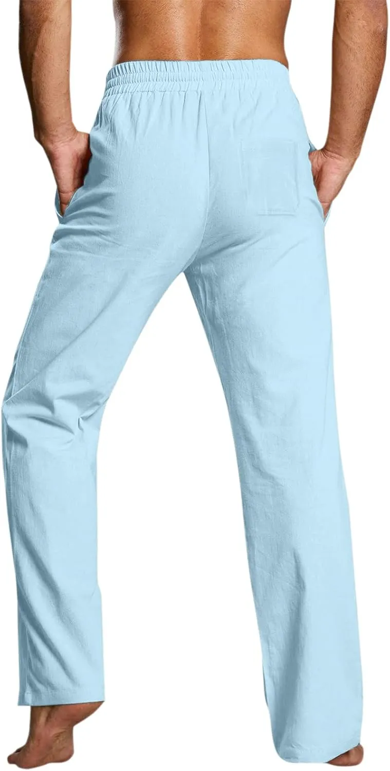 Men's Drawstring Linen Pants Casual Elastic Waist Summer Trousers Slim Fit Comfy Holiday Yoga Pants with Pockets 2025