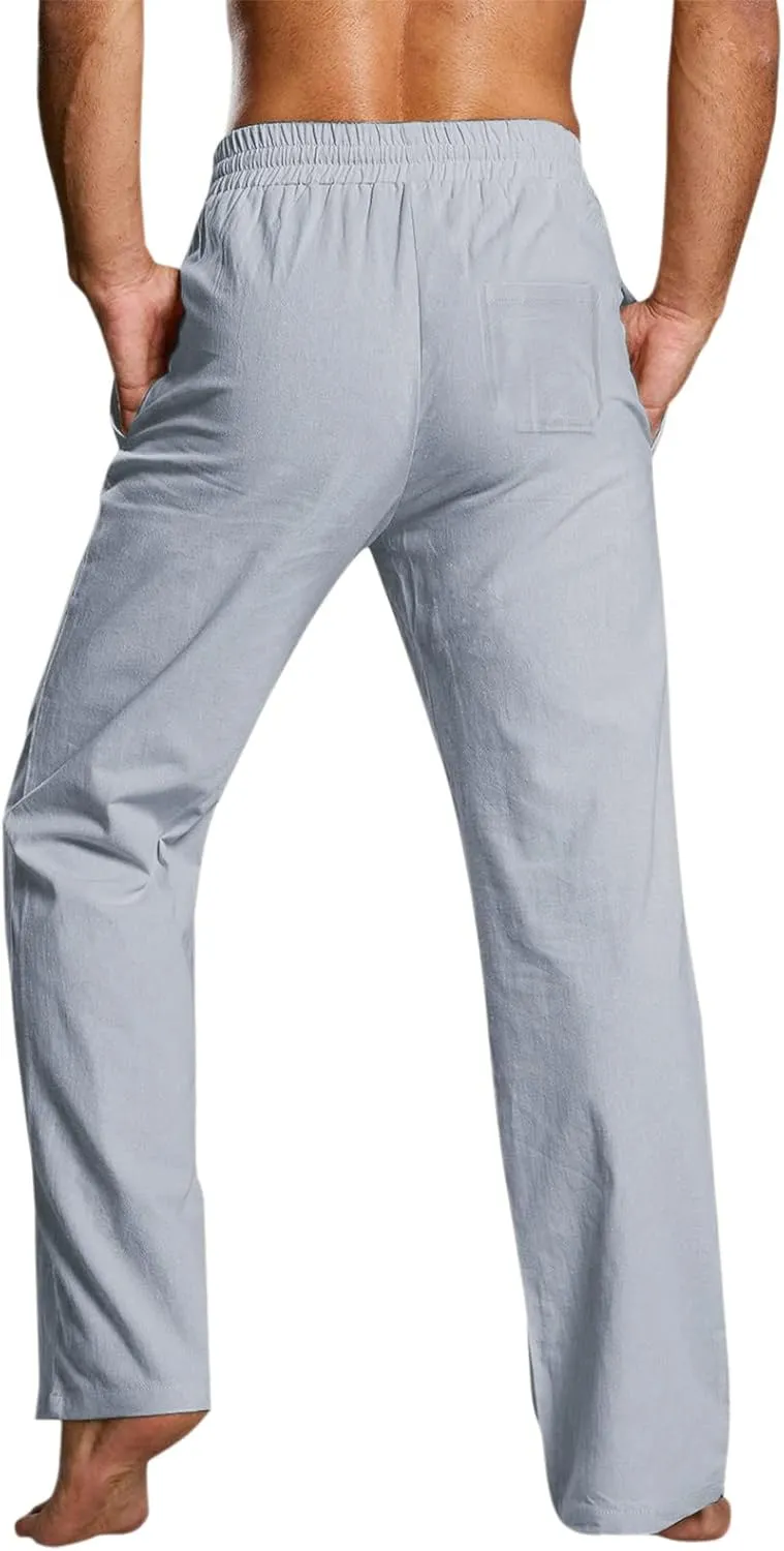 Men's Drawstring Linen Pants Casual Elastic Waist Summer Trousers Slim Fit Comfy Holiday Yoga Pants with Pockets 2025