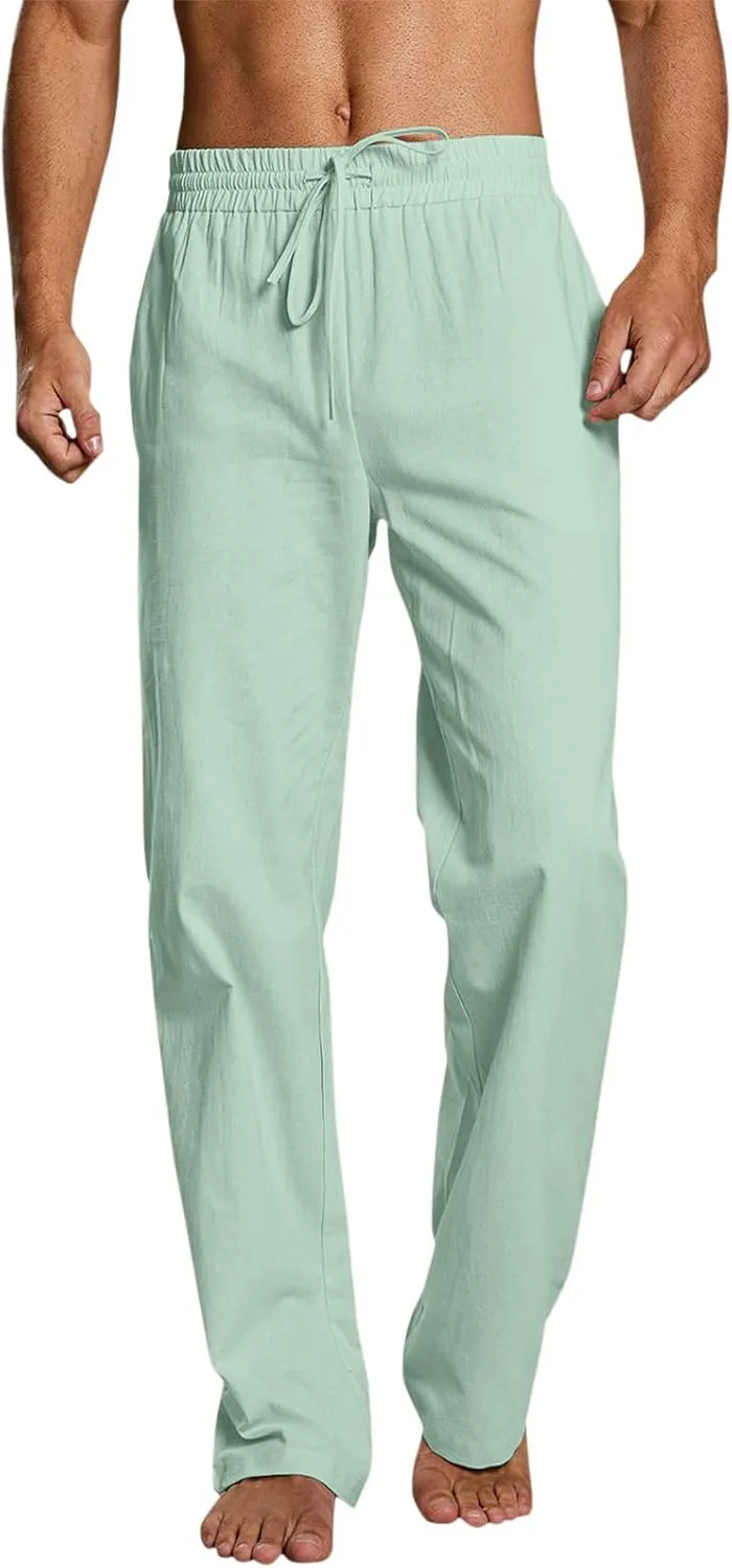 Men's Drawstring Linen Pants Casual Elastic Waist Summer Trousers Slim Fit Comfy Holiday Yoga Pants with Pockets 2025
