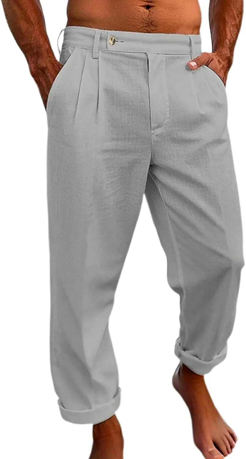 Mens Dress Casual Pants Plain Flat Front Pant Lightweight Beach Slacks Outdoor Fashion Summer Trouser with Pockets