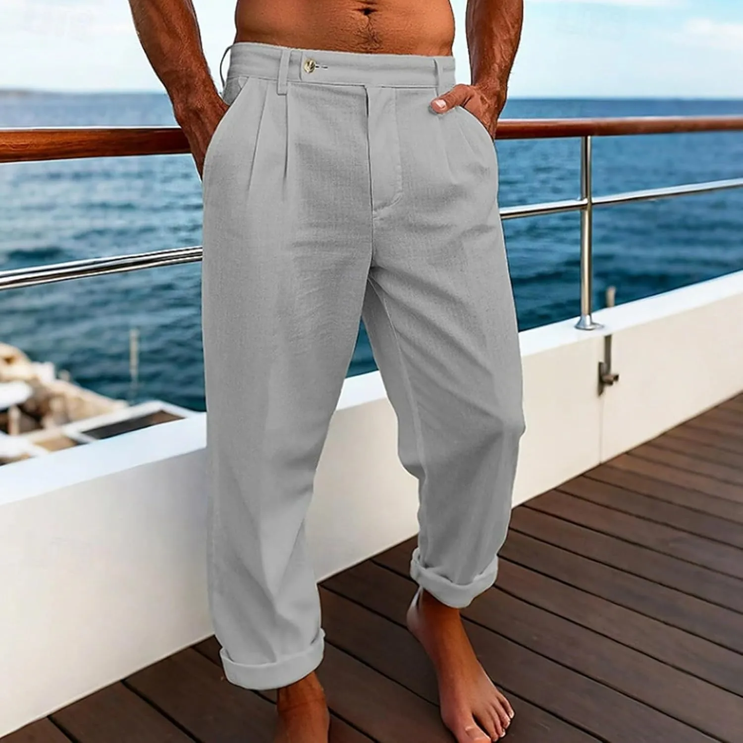 Mens Dress Casual Pants Plain Flat Front Pant Lightweight Beach Slacks Outdoor Fashion Summer Trouser with Pockets
