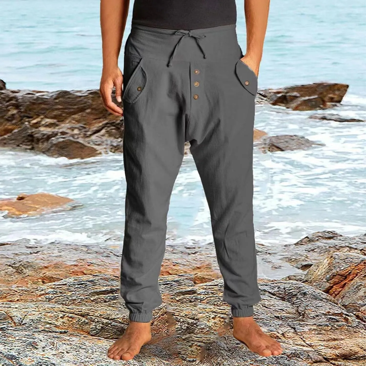 Men's High Waisted Pants Summer Casual Linen Pants Trendy Solid Drawstring Elastic Trousers Outdoor Vacation Slacks