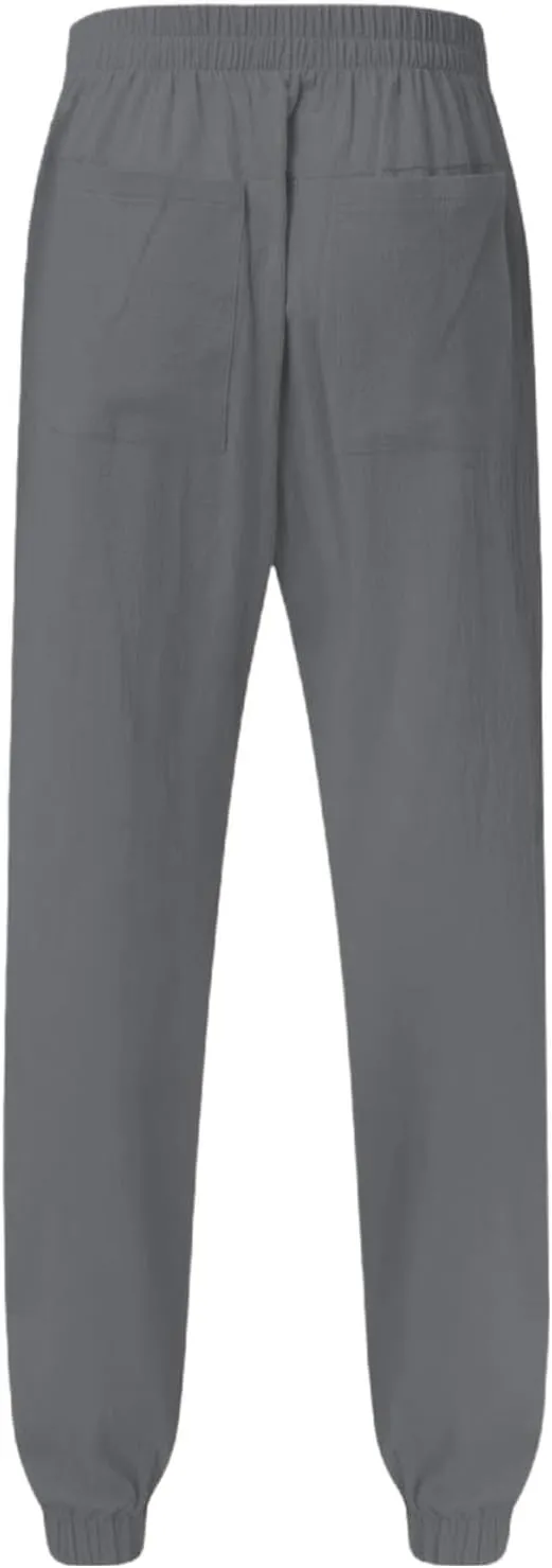 Men's High Waisted Pants Summer Casual Linen Pants Trendy Solid Drawstring Elastic Trousers Outdoor Vacation Slacks