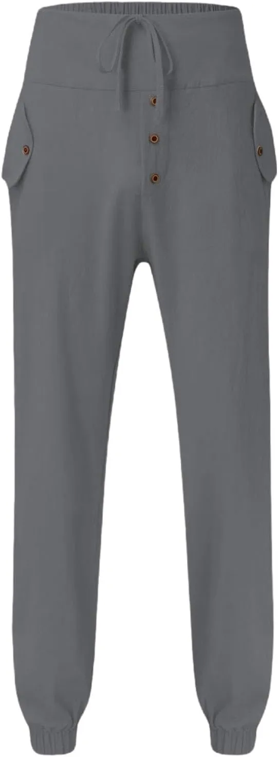 Men's High Waisted Pants Summer Casual Linen Pants Trendy Solid Drawstring Elastic Trousers Outdoor Vacation Slacks