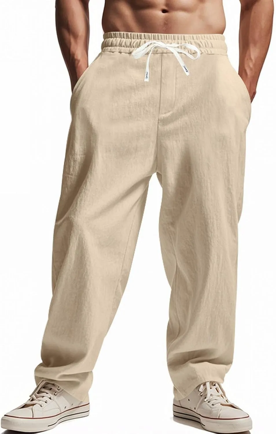 Men's Linen Pants 2 Pack Casual Pant Multipack Summer Outdoor Vacation Beach Trousers Open Bottom Slacks with Pockets