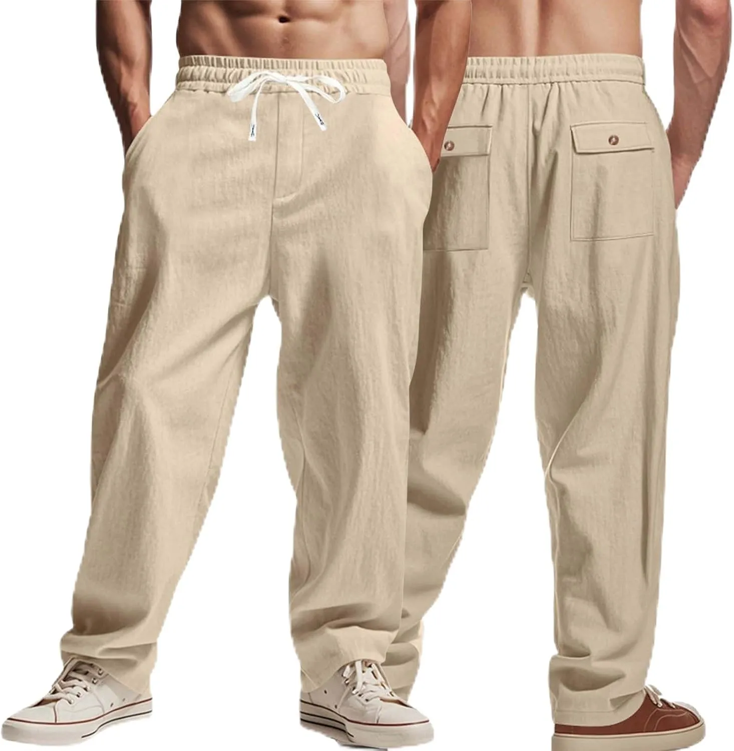 Men's Linen Pants 2 Pack Casual Pant Multipack Summer Outdoor Vacation Beach Trousers Open Bottom Slacks with Pockets