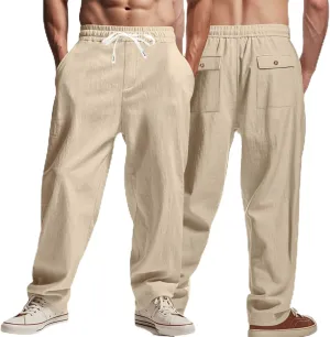 Men's Linen Pants 2 Pack Casual Pant Multipack Summer Outdoor Vacation Beach Trousers Open Bottom Slacks with Pockets