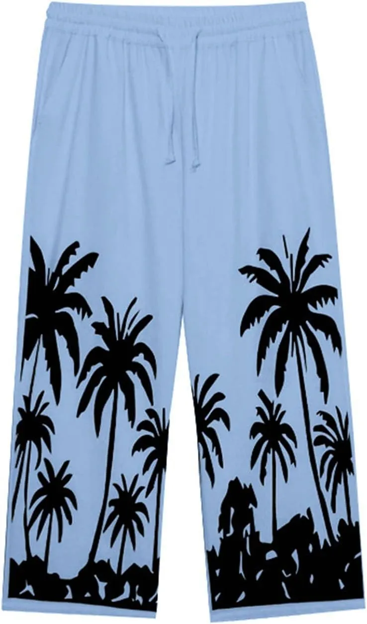Men's Linen Pants Palm Tree Graphic Pant Summer Outdoor Vacation Beach Plus Size Trousers Casual Open Bottom Slacks