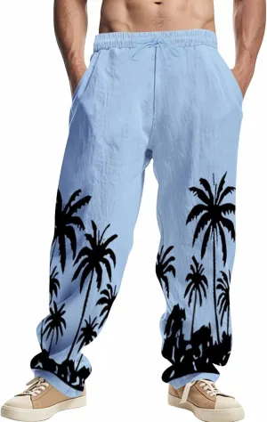 Men's Linen Pants Palm Tree Graphic Pant Summer Outdoor Vacation Beach Plus Size Trousers Casual Open Bottom Slacks