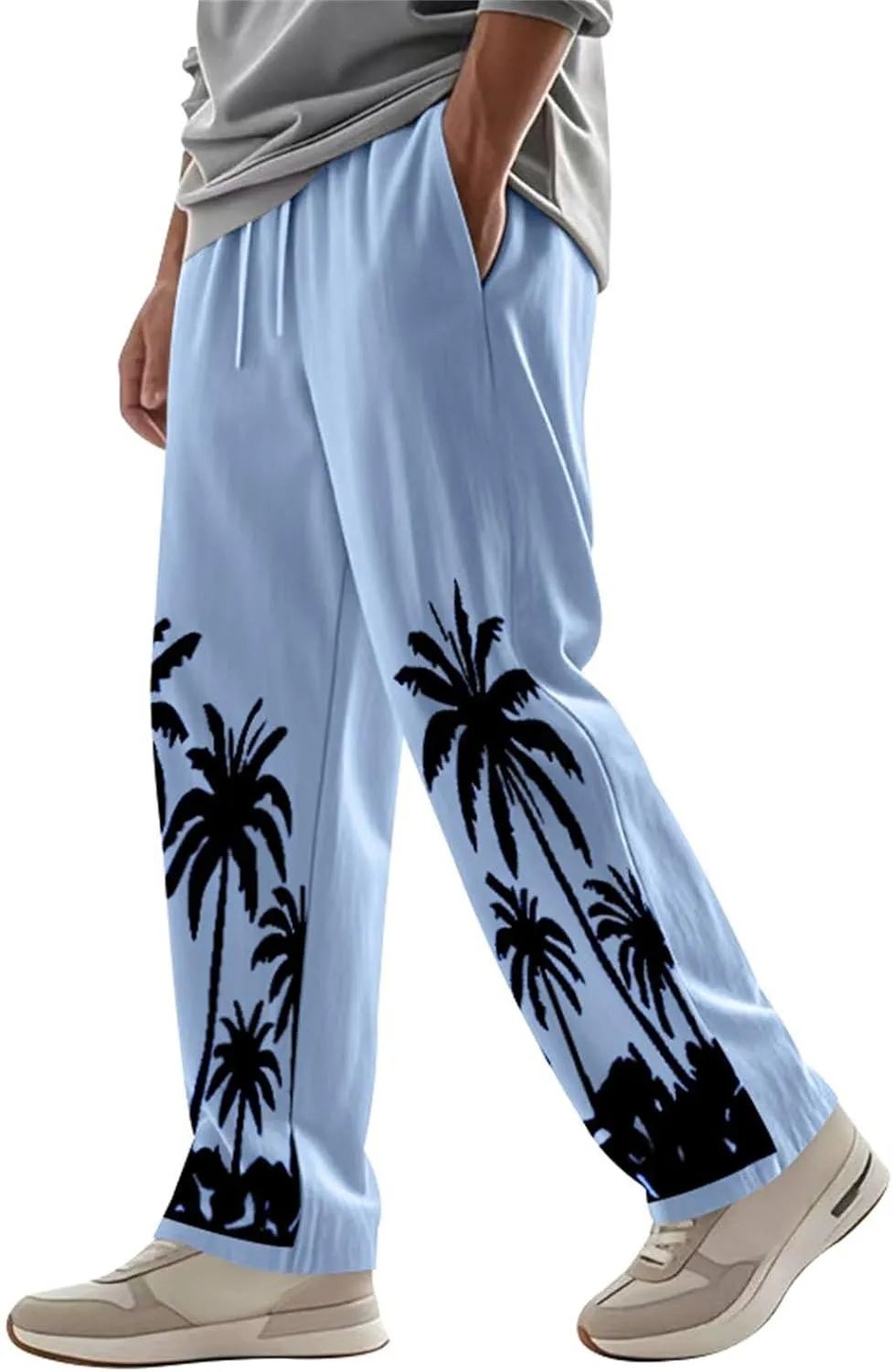 Men's Linen Pants Palm Tree Graphic Pant Summer Outdoor Vacation Beach Plus Size Trousers Casual Open Bottom Slacks