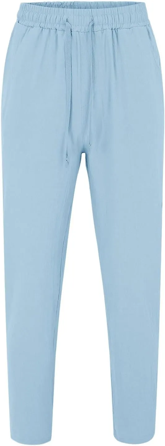 Men's Linen Pants Plain Casual Pant Summer Outdoor Vacation Beach Plus Size Trousers Lightweight Open Bottom Slacks