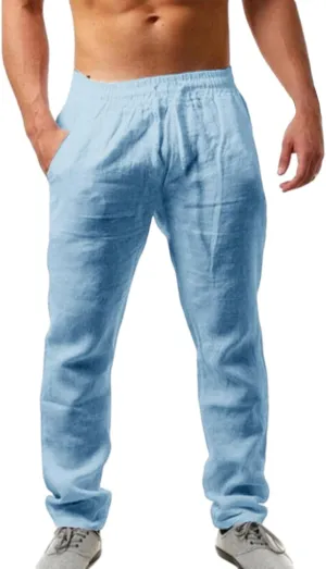 Men's Linen Pants Plain Casual Pant Summer Outdoor Vacation Beach Plus Size Trousers Lightweight Open Bottom Slacks