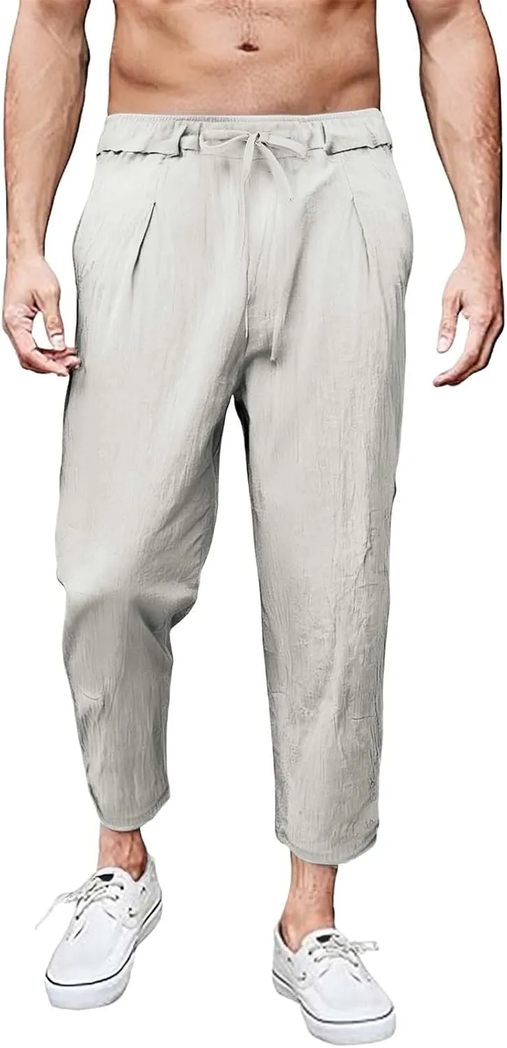 Men's Linen Pants Plus Size Plain Casual Pant Summer Outdoor Vacation Beach Trousers Lightweight Open Bottom Slacks