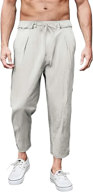 Men's Linen Pants Plus Size Plain Casual Pant Summer Outdoor Vacation Beach Trousers Lightweight Open Bottom Slacks