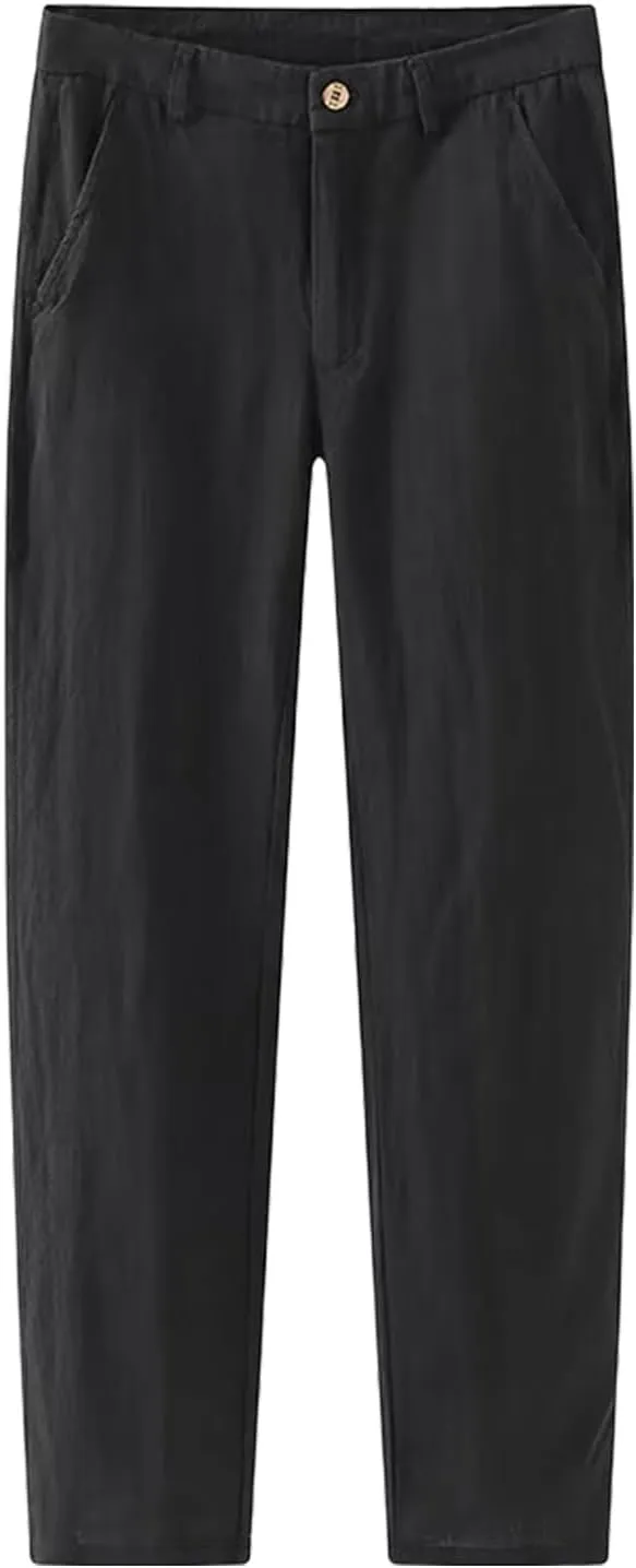 Mens Linen Pants Summer Straight Leg Business Casual Trousers Outdoor Vacation Plain Lightweight Slacks with Pocket